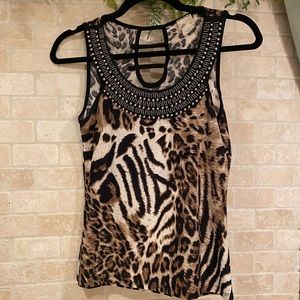 Leopard Print Tank Blouse with Beading on the Collar